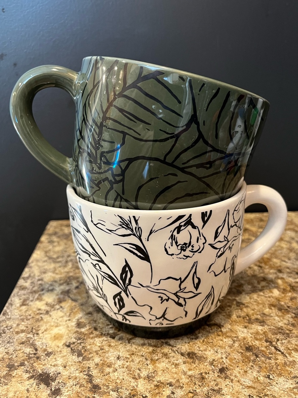 Place & Time Set of 2 Floral Ceramic Mugs - Green & White 16 oz.